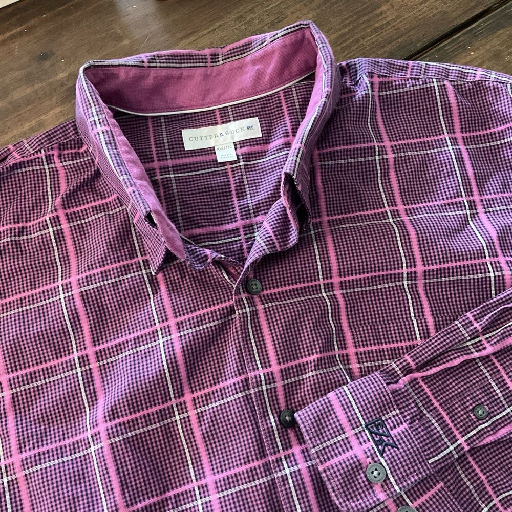 Cutter & Buck Shirt Mens 2XL Purple Plaid Long Sleeve Button Front Cotton